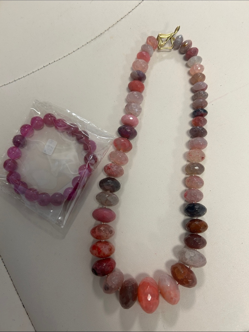 Multicolor Pink Agate( tourmaline) Bead Necklace with Gold 925 sterling Clasp